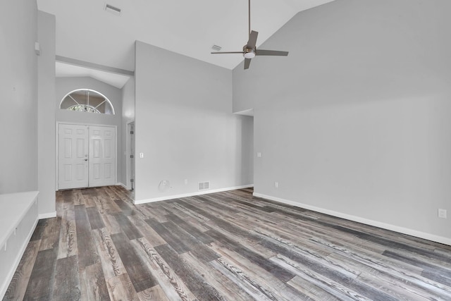 61 Brownstone Ln, Palm Coast, FL 32137 - spare room with high vaulted ceiling, wood finished floors, and a ceiling fan