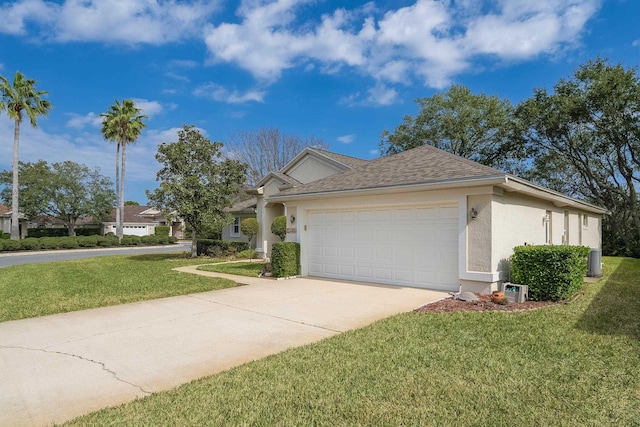 ranch-style house with stucco siding, a shingled roof, an attached garage, driveway, and a front lawn