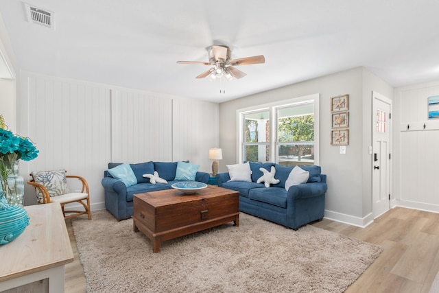 112 2nd St, Saint Augustine, FL 32080 - living area featuring ceiling fan, light wood finished floors, and baseboards