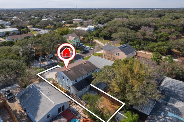 112 2nd St, Saint Augustine, FL 32080 - aerial perspective of suburban area with property parcel outlined and a heavily wooded area