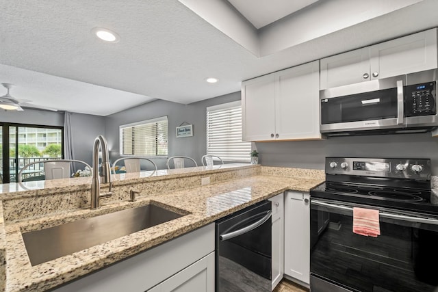 kitchen with a wealth of natural light, appliances with stainless steel finishes, white cabinetry, sink, and ceiling fan