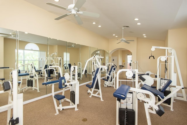 workout area with lofted ceiling and ceiling fan