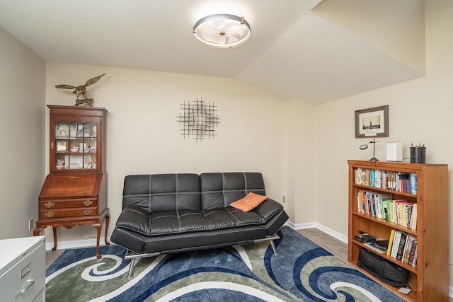 sitting room with lofted ceiling, dark hardwood / wood-style floors, and a textured ceiling