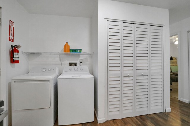 237 Riberia St, Saint Augustine, FL 32084 - washroom with baseboards, a ceiling fan, wood finished floors, and washer and clothes dryer