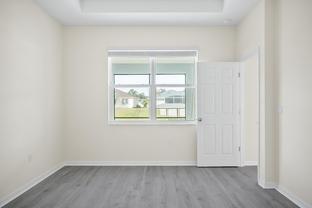 spare room featuring a raised ceiling and light wood-type flooring