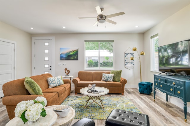 living room with ceiling fan, a healthy amount of sunlight, and light wood-type flooring