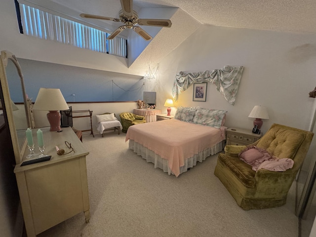 bedroom featuring carpet floors, ceiling fan, high vaulted ceiling, and a textured ceiling