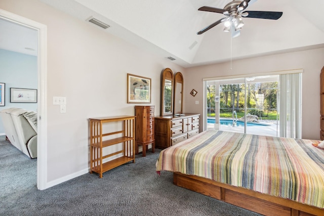 carpeted bedroom featuring access to exterior, ceiling fan, and lofted ceiling