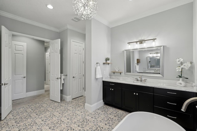 1351 Weaver Glen Rd, Jacksonville, FL 32223 - bathroom featuring vanity, a freestanding bath, crown molding, and recessed lighting