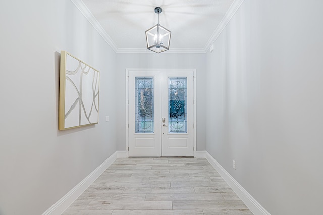 1351 Weaver Glen Rd, Jacksonville, FL 32223 - doorway to outside with a chandelier, light wood-style flooring, ornamental molding, and french doors