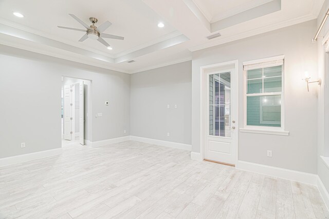 1351 Weaver Glen Rd, Jacksonville, FL 32223 - spare room featuring crown molding, ceiling fan, light wood-style floors, recessed lighting, and a raised ceiling