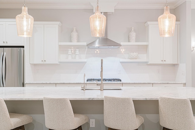 1351 Weaver Glen Rd, Jacksonville, FL 32223 - kitchen with open shelves, appliances with stainless steel finishes, backsplash, white cabinets, and crown molding