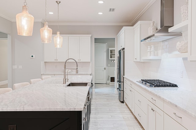 1351 Weaver Glen Rd, Jacksonville, FL 32223 - kitchen featuring wall chimney exhaust hood, stainless steel appliances, white cabinetry, crown molding, and recessed lighting
