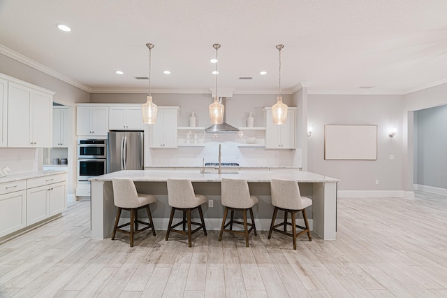 1351 Weaver Glen Rd, Jacksonville, FL 32223 - kitchen with stainless steel appliances, open shelves, a spacious island, white cabinetry, and recessed lighting