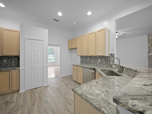 200 Springwood Ln, Saint Johns, FL 32259 - kitchen featuring dishwasher, light brown cabinetry, kitchen peninsula, and light stone counters