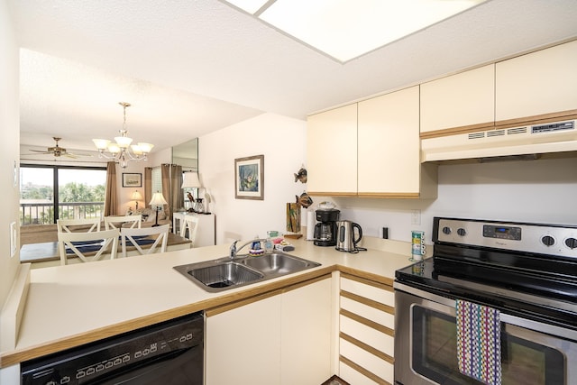 4250 A1A Unit E31, Saint Augustine Beach, FL 32080 - kitchen with electric stove, under cabinet range hood, a sink, black dishwasher, and light countertops