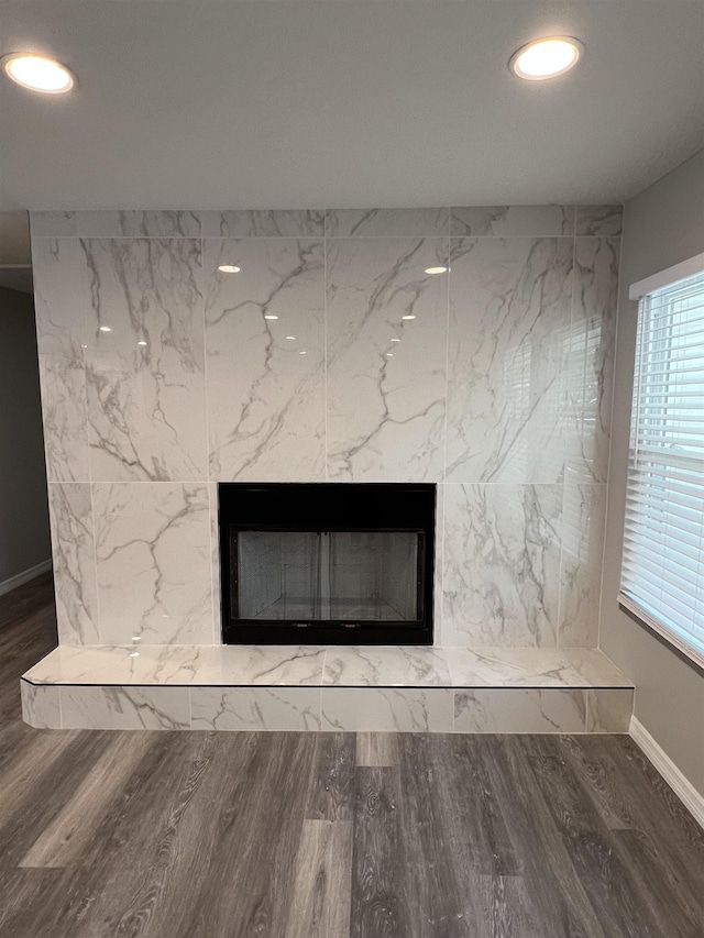 interior details featuring wood-type flooring and a high end fireplace