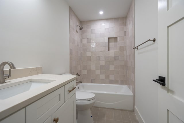 full bathroom featuring tile patterned floors,  shower combination, toilet, recessed lighting, and vanity