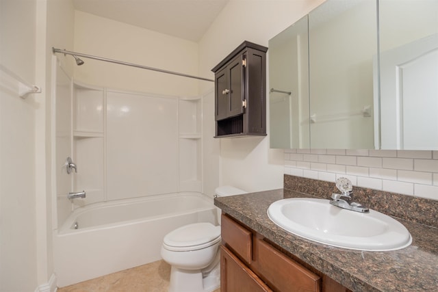 full bathroom featuring tasteful backsplash, vanity, shower / tub combination, tile patterned flooring, and toilet