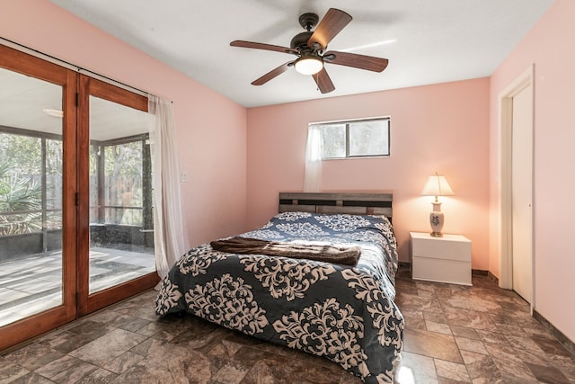 bedroom featuring ceiling fan and access to outside