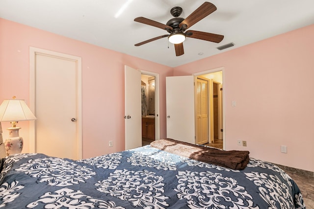 bedroom with connected bathroom and ceiling fan