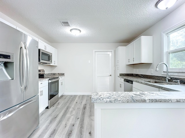 kitchen featuring stainless steel appliances, a sink, visible vents, white cabinets, and light wood-style floors