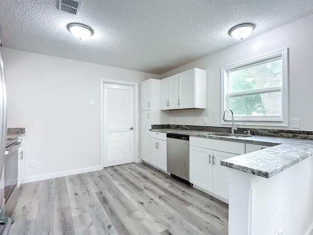 kitchen with white electric stove, a sink, visible vents, dishwasher, and light wood finished floors