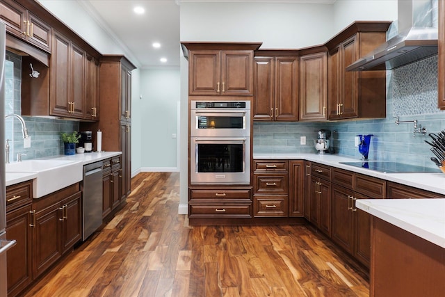 3943 NW 219th St, Rdd, Micanopy, FL 32667 - kitchen featuring wall chimney exhaust hood, appliances with stainless steel finishes, tasteful backsplash, a sink, and dark wood finished floors