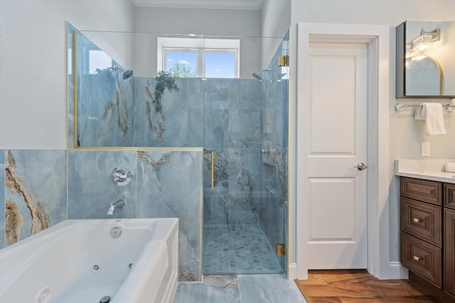 3943 NW 219th St, Rdd, Micanopy, FL 32667 - bathroom featuring a marble finish shower, a whirlpool tub, and vanity