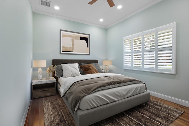3943 NW 219th St, Rdd, Micanopy, FL 32667 - bedroom featuring ornamental molding, wood finished floors, baseboards, recessed lighting, and a ceiling fan
