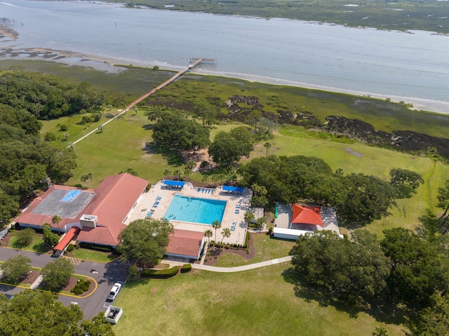 aerial view featuring a water view