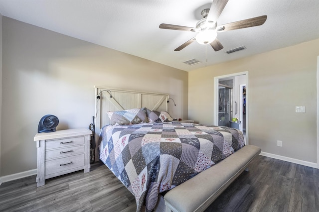 bedroom with connected bathroom, ceiling fan, and dark hardwood / wood-style floors