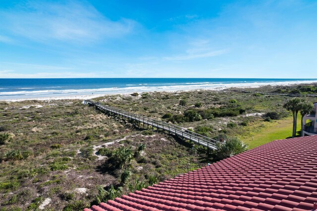 aerial view with a water view and a view of the beach