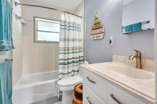 full bathroom with toilet, vanity, tile patterned floors, and shower / bath combo with shower curtain