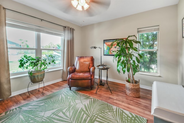 sitting room featuring wood-type flooring, ceiling fan, and plenty of natural light