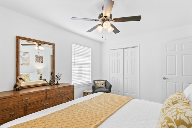 bedroom with ceiling fan and a closet