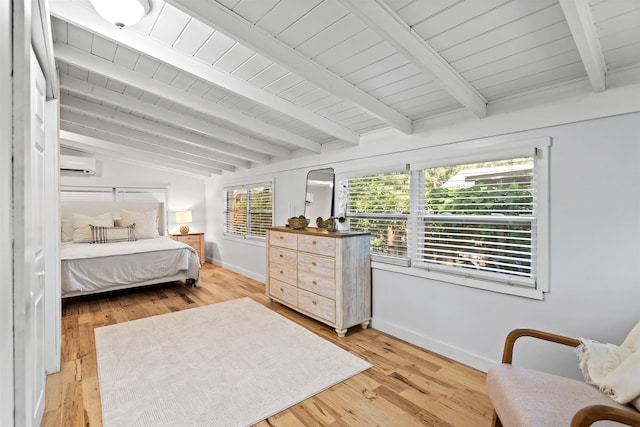 bedroom with baseboards, an AC wall unit, wood ceiling, lofted ceiling with beams, and light wood-style flooring