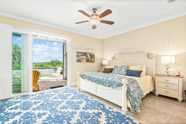 bedroom featuring ceiling fan, ornamental molding, and access to outside