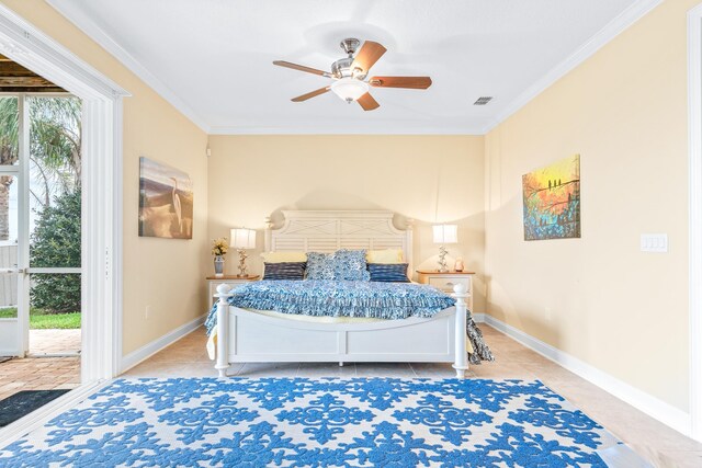 tiled bedroom with access to outside, ceiling fan, and crown molding