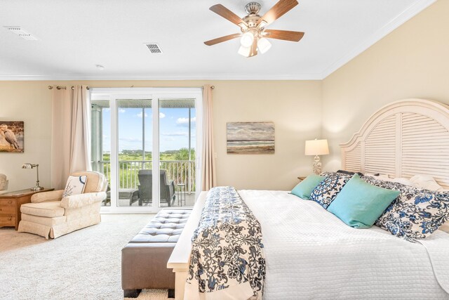 bedroom featuring access to exterior, carpet floors, ceiling fan, and crown molding