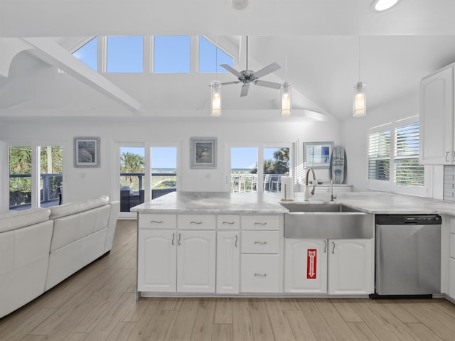 kitchen with white cabinets, dishwasher, sink, and pendant lighting