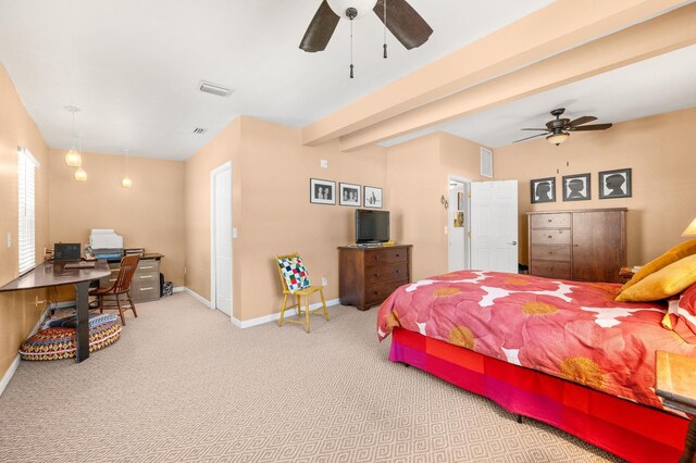 carpeted bedroom featuring vaulted ceiling and ceiling fan