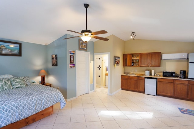 bedroom featuring light tile patterned flooring, baseboards, lofted ceiling, and a wall mounted AC