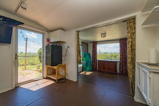 232 Riberia St, Saint Augustine, FL 32084 - entryway featuring a textured ceiling, vaulted ceiling, and baseboards