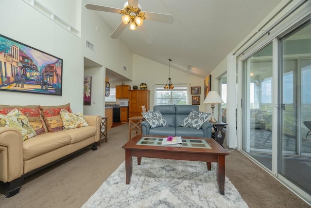 232 Riberia St, Saint Augustine, FL 32084 - living room featuring light carpet, a ceiling fan, visible vents, and high vaulted ceiling