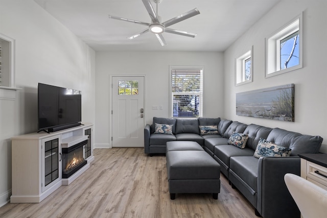 living room with ceiling fan and light hardwood / wood-style floors