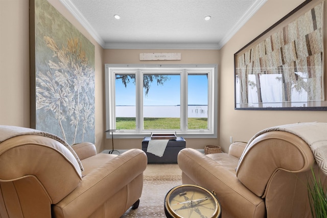 carpeted living area featuring ornamental molding and a textured ceiling