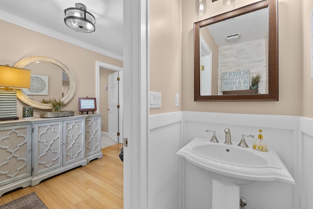 bathroom featuring wood finished floors, ornamental molding, a textured ceiling, a sink, and wainscoting