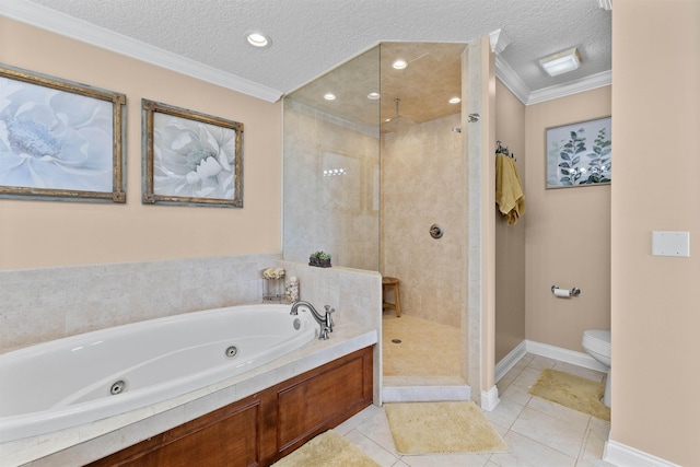 bathroom featuring a textured ceiling, a tub with jets, tile patterned floors, and tiled shower