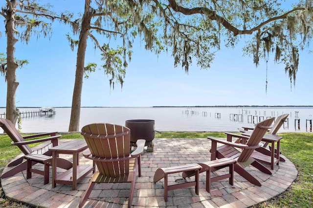 view of patio / terrace with a water view